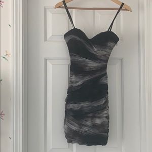 BCBC grey & black tulle ruched bodycon dress